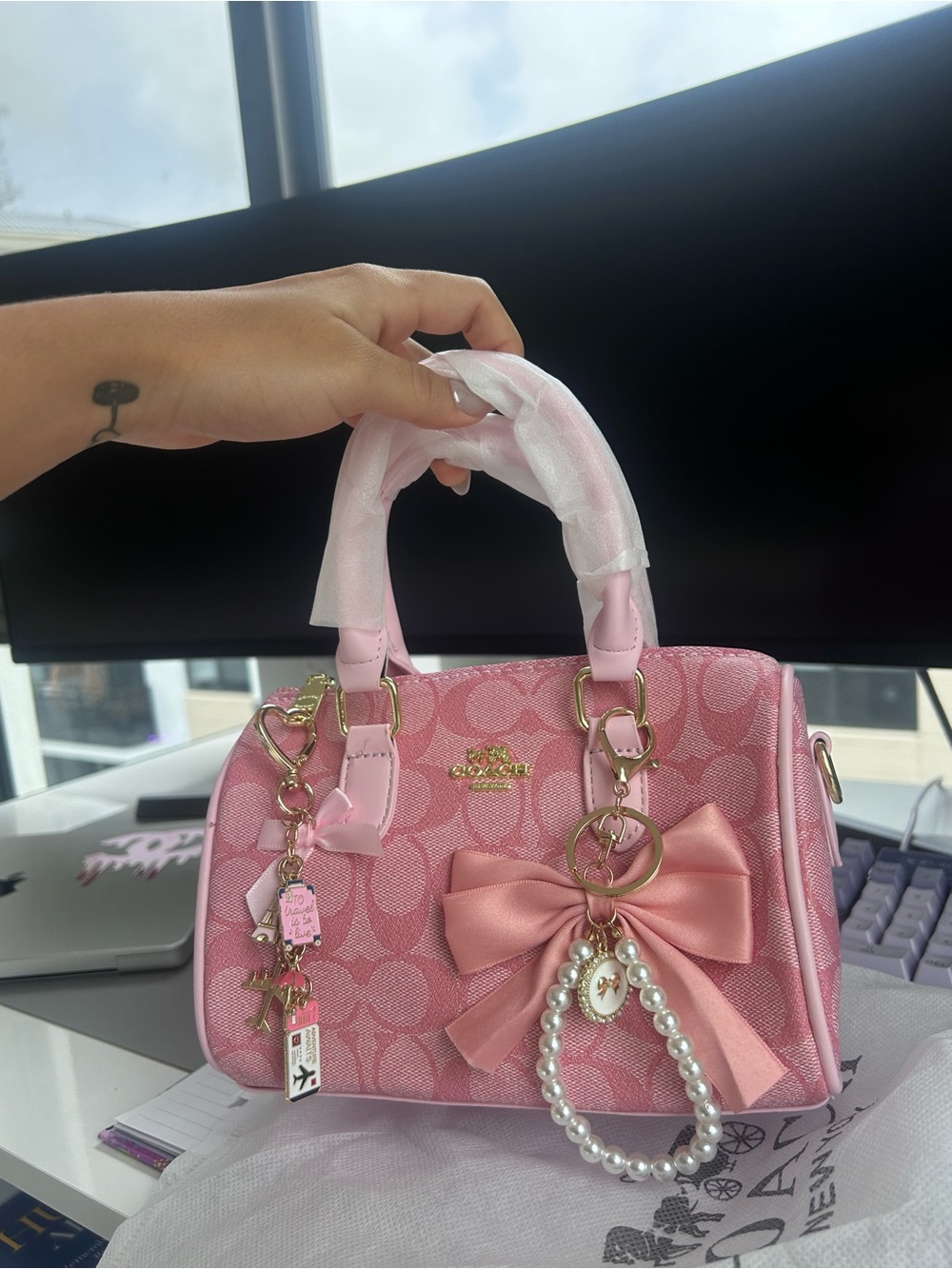 Coach Pink Signature Mini Satchel with Bow & Pearl Charm